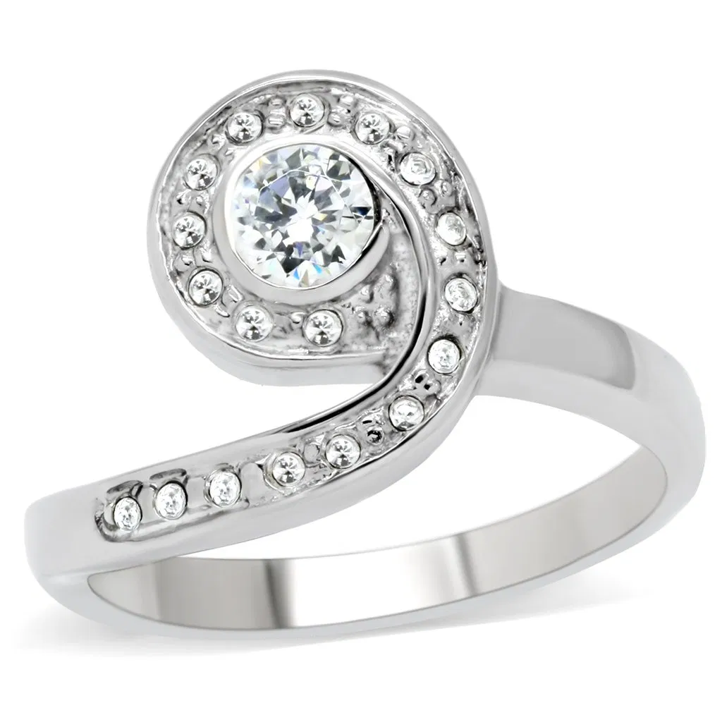 TK195 - High polished (no plating) Stainless Steel Ring with AAA Grade CZ in Clear - Grocery