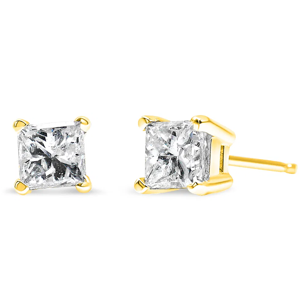 AGS Certified 14k Gold 4-Prong Set Princess-Cut Solitaire Diamond Push Back Stud Earrings (M-N Color, SI2-I1 Clarity) - Grocery