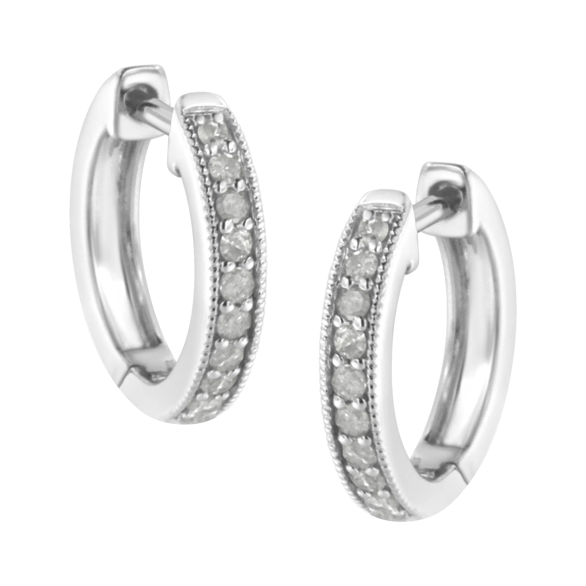 10K White Gold 1/4 cttw Shared Prong Set Round-Cut Diamond Beaded Hoop Earrings (I-J Color, I3 Clarity) - Grocery
