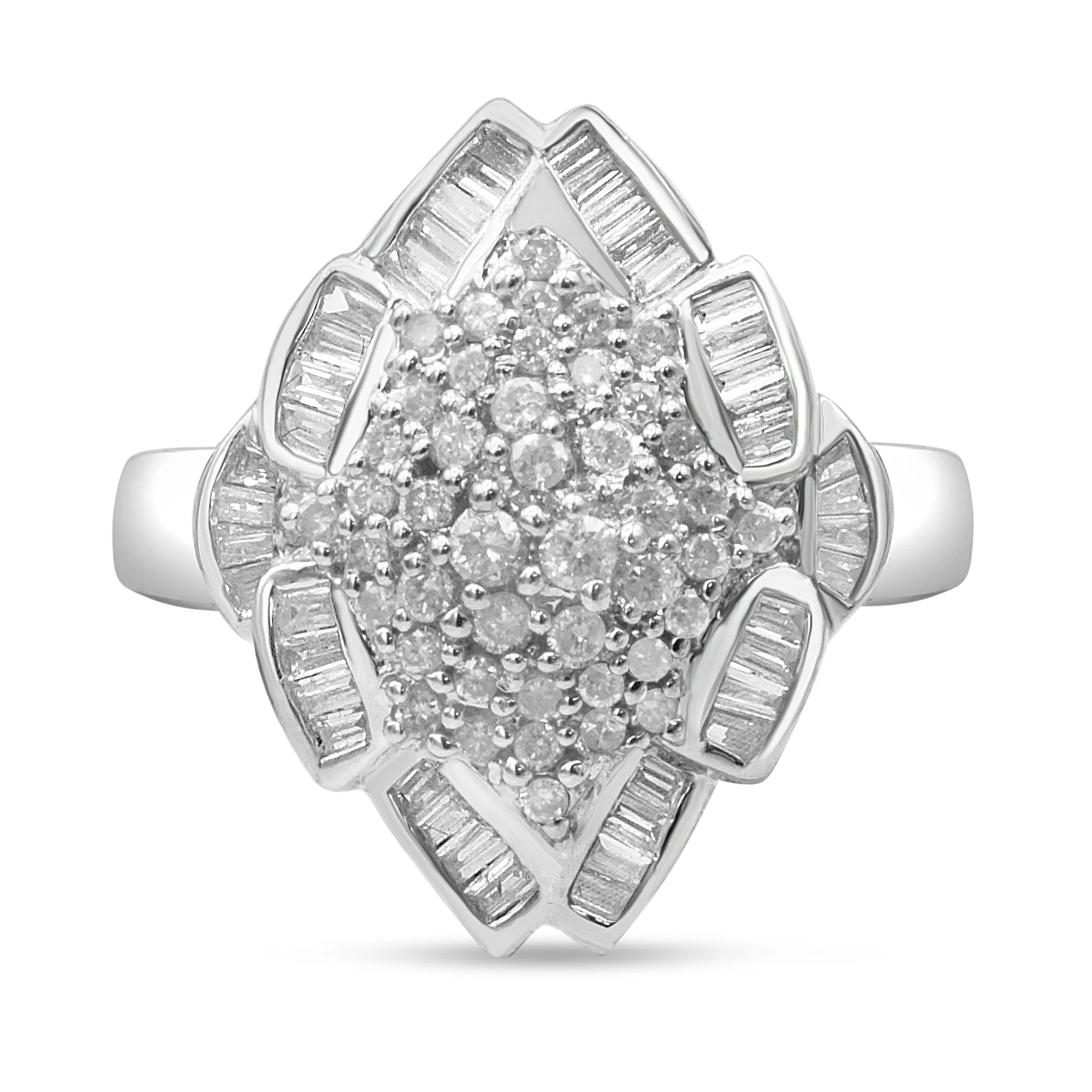 14K White Gold 7/8 Cttw Round and Baguette-Cut Diamond Cluster Ring (H-I Color, SI2-I1 Clarity) - Size 7 - Grocery