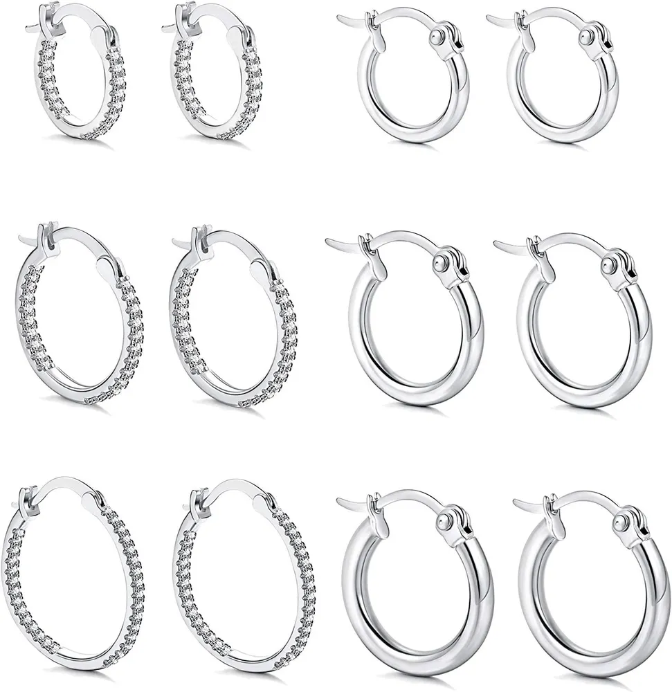 6 Pairs Stainless Small Hoop Earrings for Women Men Cubic Zirconia Gold Hoop Earrings Cute Huggie Hoop Earrings Set 10MM 14MM 18MM - Grocery