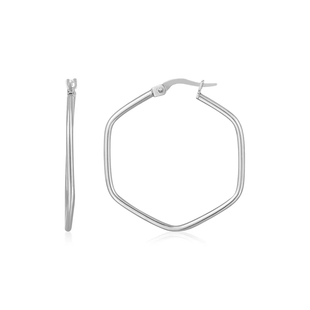 14K White Gold Hexagon Hoop Rounded Edge Earrings - Grocery