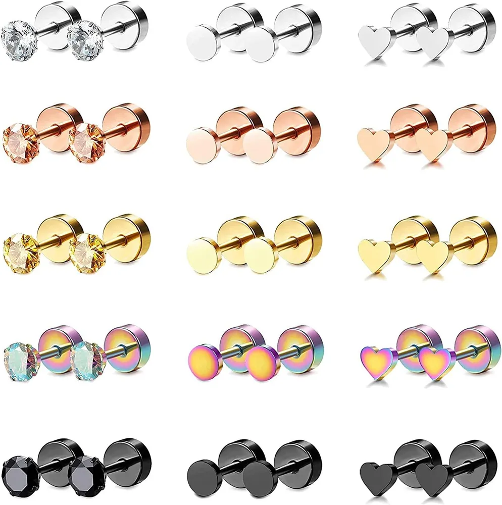 15 Pairs Tiny Cartilage Stud Earrings Stainless Flat Back Earrings for Women Men Heart CZ Trague Stud Earrings Screw Earrings Ear Piercing Set - Grocery