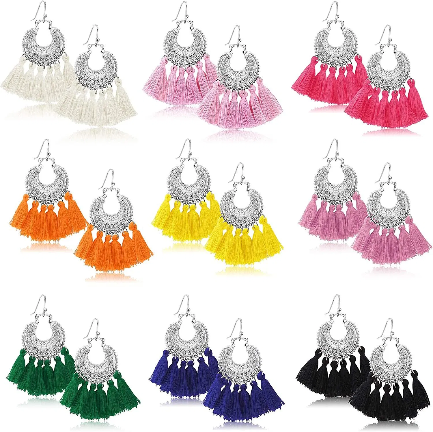 9 Pairs Tassel Hoop Drop Earrings Bohemian Fan Shape Tassel Earrings Set Fashion Colorful Handmade Dangle Hook Eardrop For Women Gift - Grocery