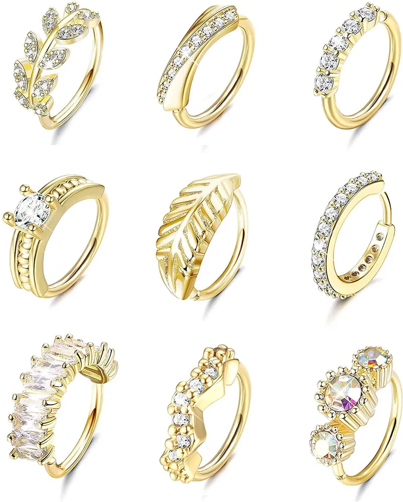 9Pcs 20G Stainless Steel Nose Ring Hoop Stud Paved Leaf Feather Crawler Nose Ear Cartilage for Women Men Nose Ear Body Piercing Hoop - Grocery