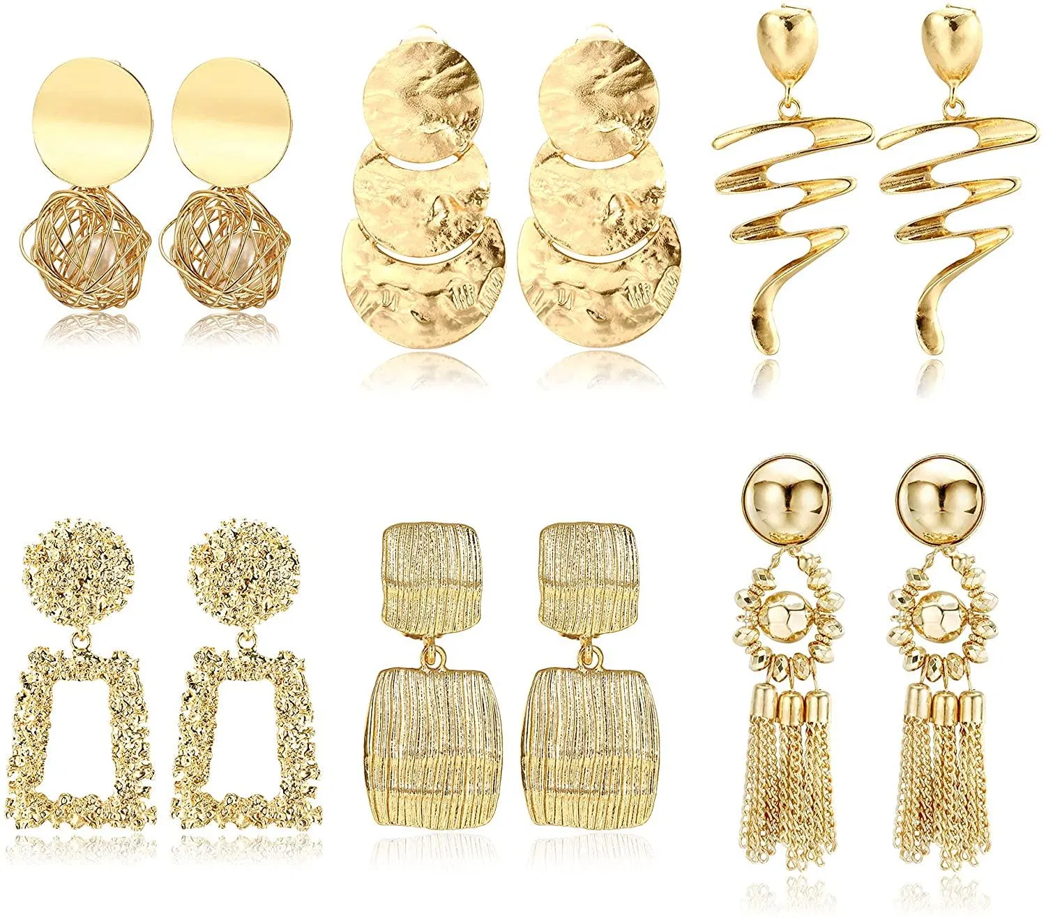 6 Pairs Clip on Earrings for Women Dangle Geometric Statement Gold Non Piercing Tear Tassel Drop Dangle Earrings Women's Clip-on Earrings Set - Grocery