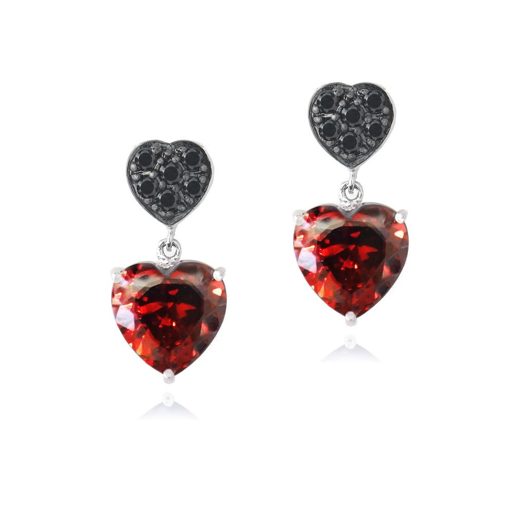 Red & Black CZ Double Heart Dangle Earrings - Grocery