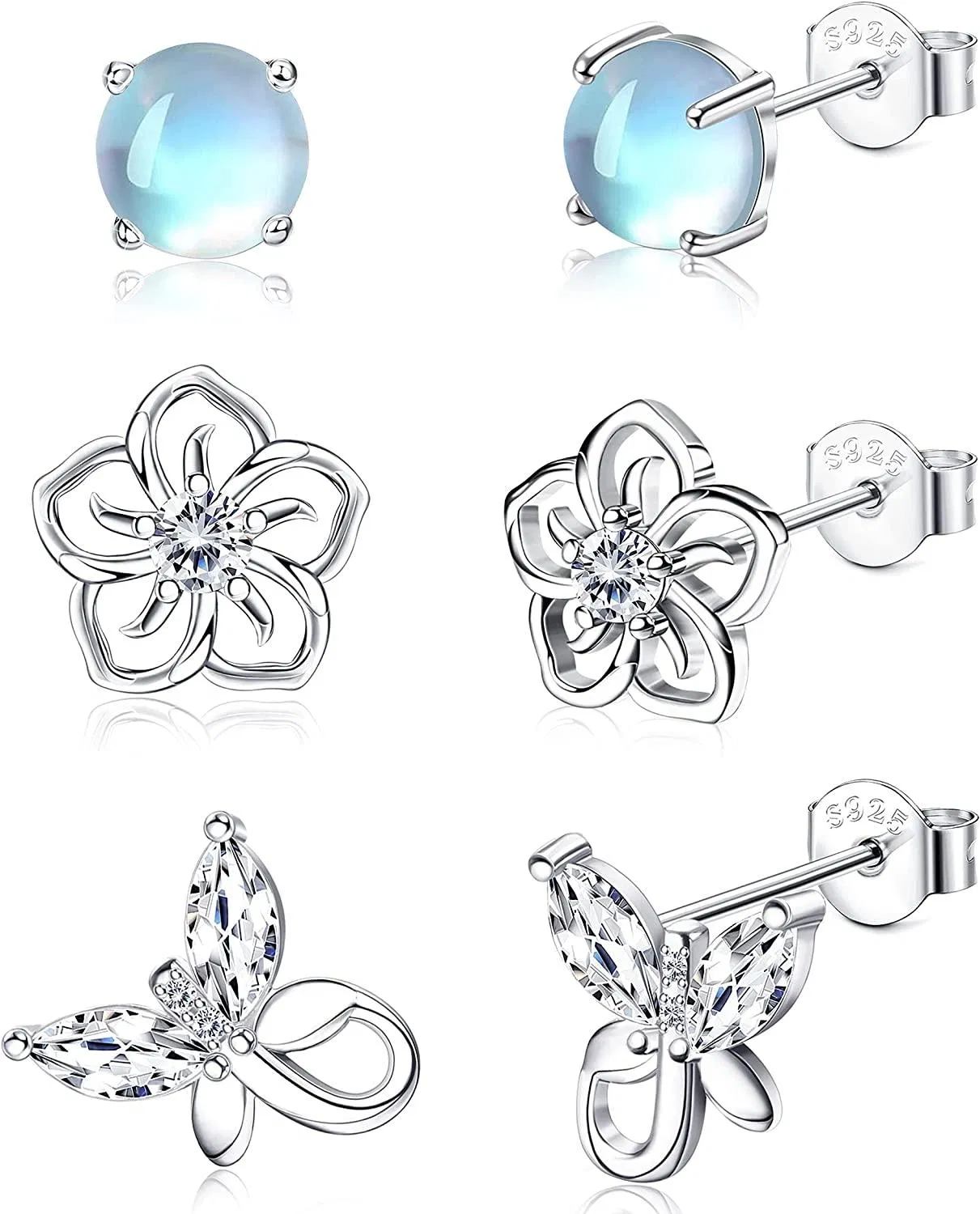 3Pairs Birthstone Earrings 12 Months for Women Hypoallergenic Butterfly Flower Stud Earrings for Birthday Gift - Grocery