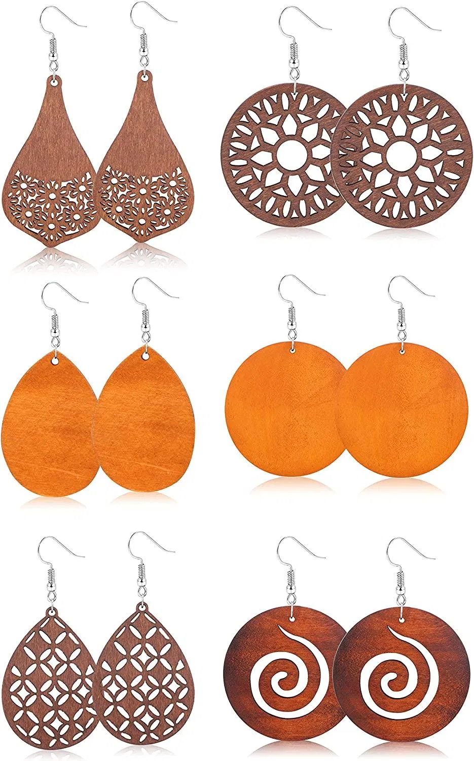 6 Pairs Wood Earrings for Women Statement Dangle Drop Earrings Ethnic Teardrop Wooden Earrings Set - Grocery