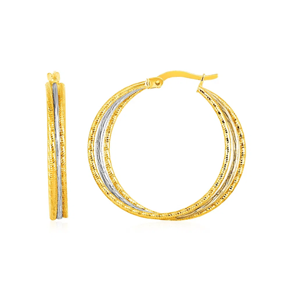 Three Part Textured Hoop Earrings in 14k Yellow and White Gold - Grocery