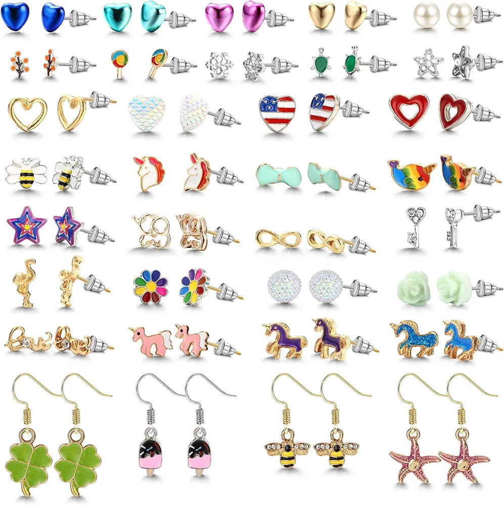 34 Pairs Stainless Post Stud Earrings Dangle Earrings for Teens and Women; Unicorn Animal Pearl CZ Cute Earring Set - Grocery