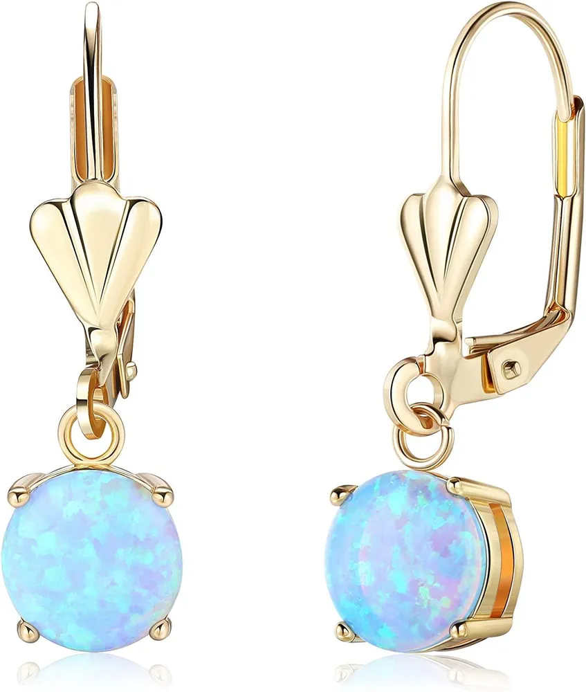 18K Gold Plated Opal Dangle Earrings 8MM Round-Cut Created Blue Opal Drop Leverback Earrings for Women - Grocery