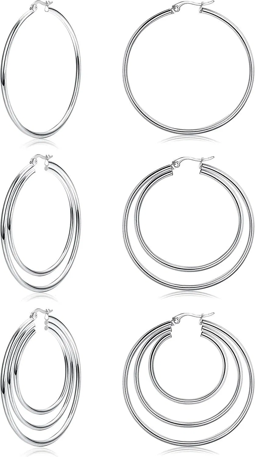 3 Pairs Stainless Hoop Earrings for Women Double Triple Circle Round Earrings Set - Grocery