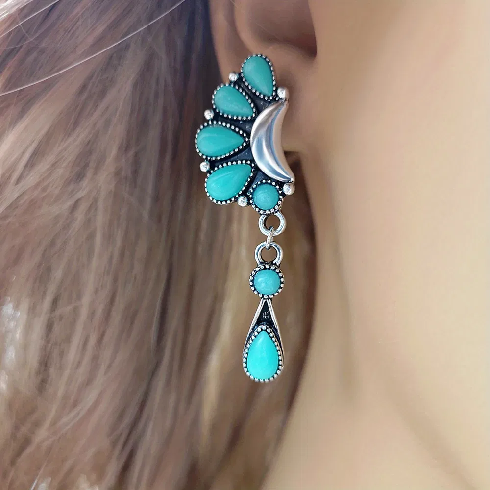 Half Moon & Water Drop Shape Turquoise Jade Earrings Retro Exaggerated Jewelry - Grocery