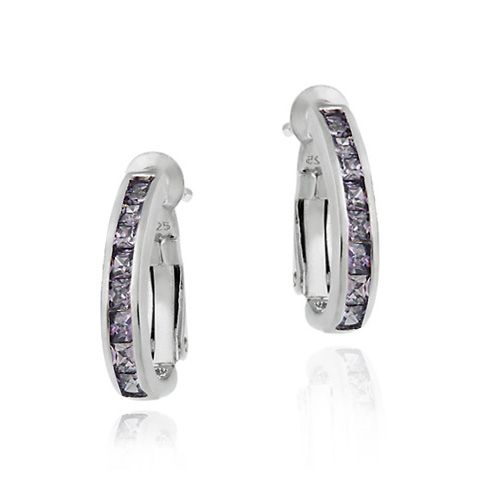 Sterling Silver Channel Set Amethyst CZ Half Hoop Earrings - Grocery