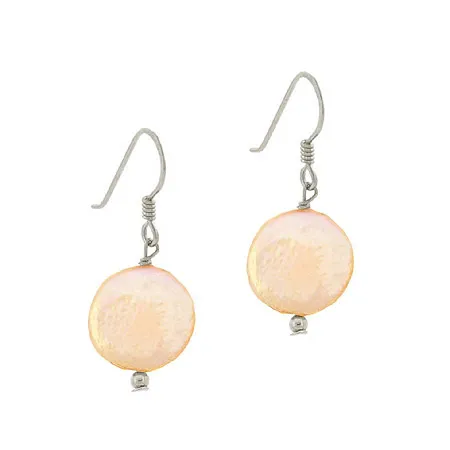 Sterling Silver Freshwater Cultured Peach Coin Pearl Dangle Earrings - Grocery