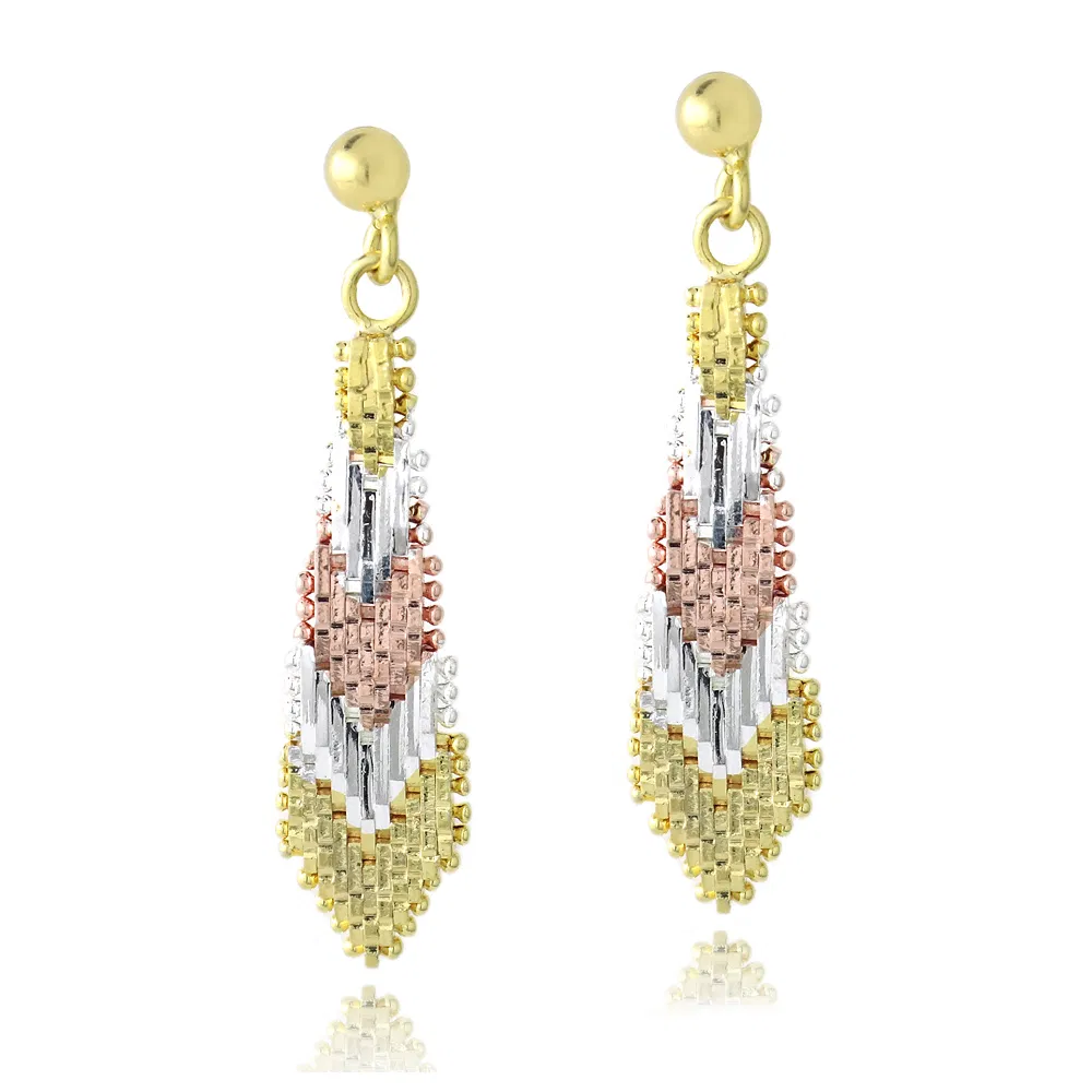 18K Gold over Sterling Silver Tri Color Diamond Shape Dangle Earrings - Grocery