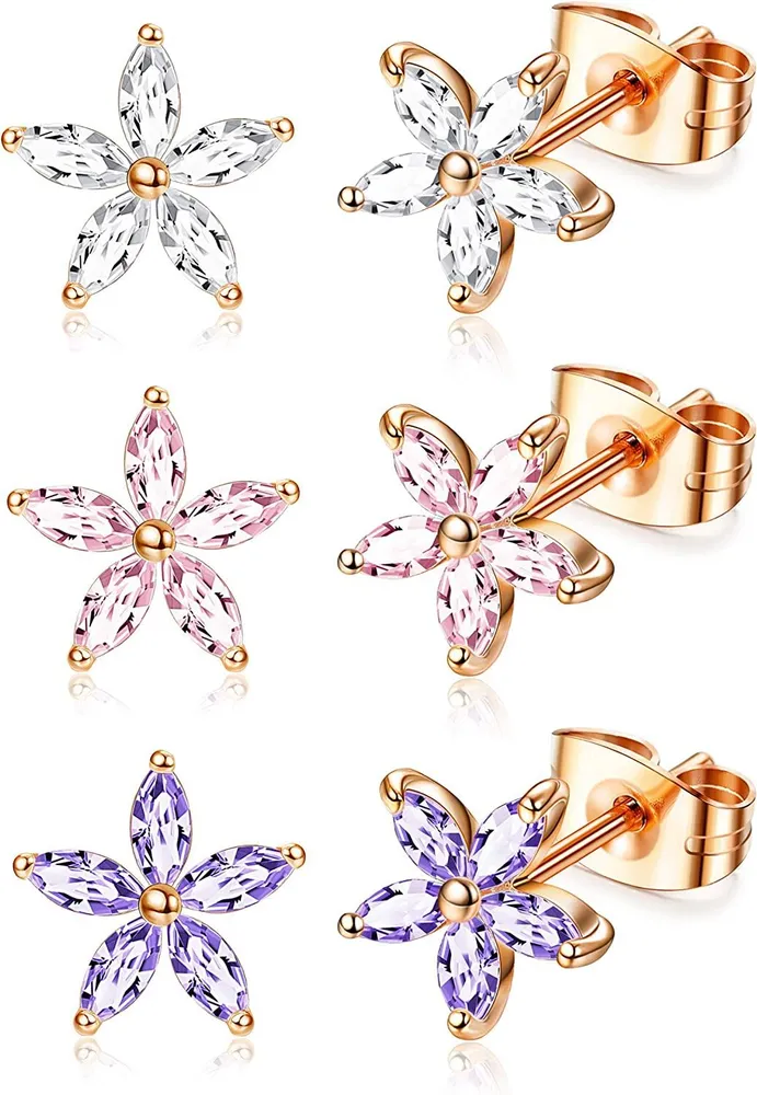 3Pairs 14k Plated Cute Dipped Flower Stud Earrings for Women Cubic Zirconia Earrings for Birthday/Party/Christmas/Friendship Gifts - Grocery