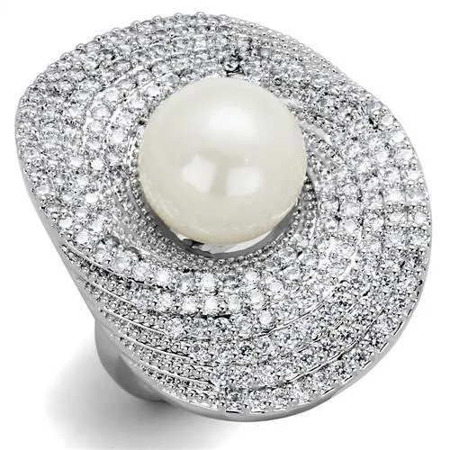 3W1082 - Rhodium Brass Ring with Synthetic Pearl in White - Grocery