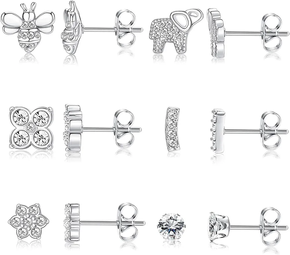 6 Pairs Bee Elephant Cuff Bar Flower Stud Earrings for Women Sparkling Cubic Zirconia Inlaid Delicate Stud Earrings Set - Grocery
