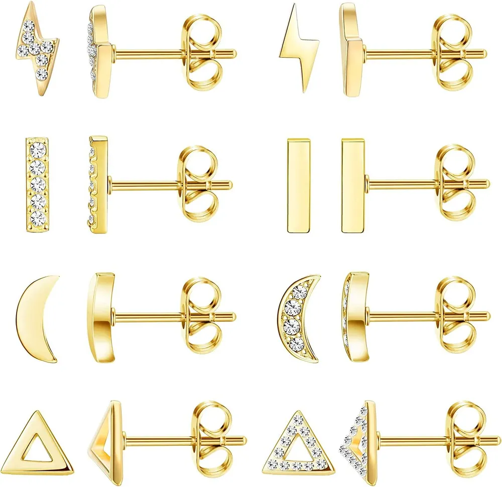 8 Pairs CZ Stud Earrings Simulated Diamond Lightening Triangular Bar and Moon Shaped Earrings Set - Grocery