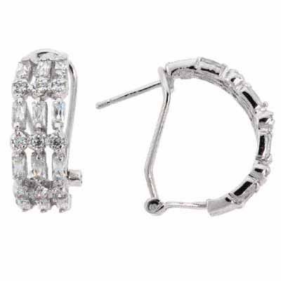 Sterling Silver Baguette & Round Cut CZ 3 Row Half-Hoop Earrings - Grocery