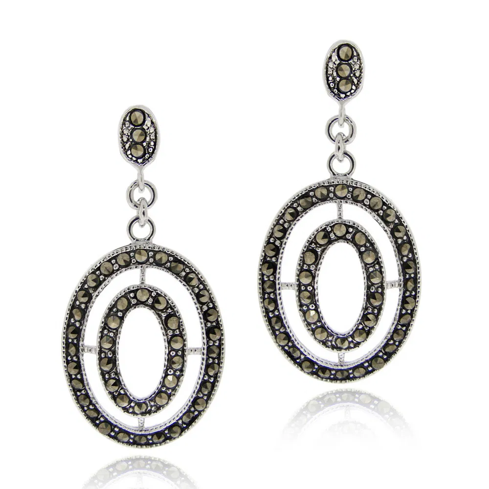 Sterling Silver Marcasite Double Oval Dangle Earrings - Grocery