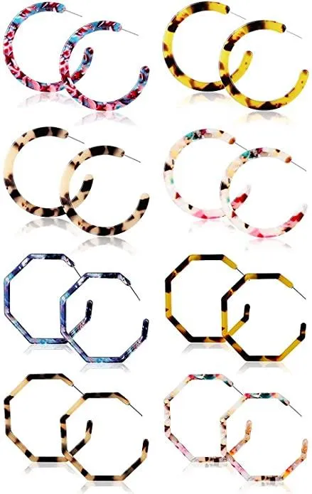8Pairs Acrylic Earrings Resin Geometric Hoop Fashion Earrings C Shaped Earrings Resin Earrings For Women Boho Earrings Statement Drop Dangle Earrings - Grocery