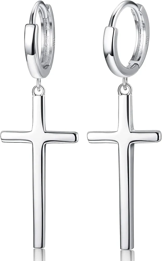 925 Sterling Silver Dangle Cross Earrings for Womens Men Hinged Hoop Cross Earrings Huggie Drop Piercing - Grocery