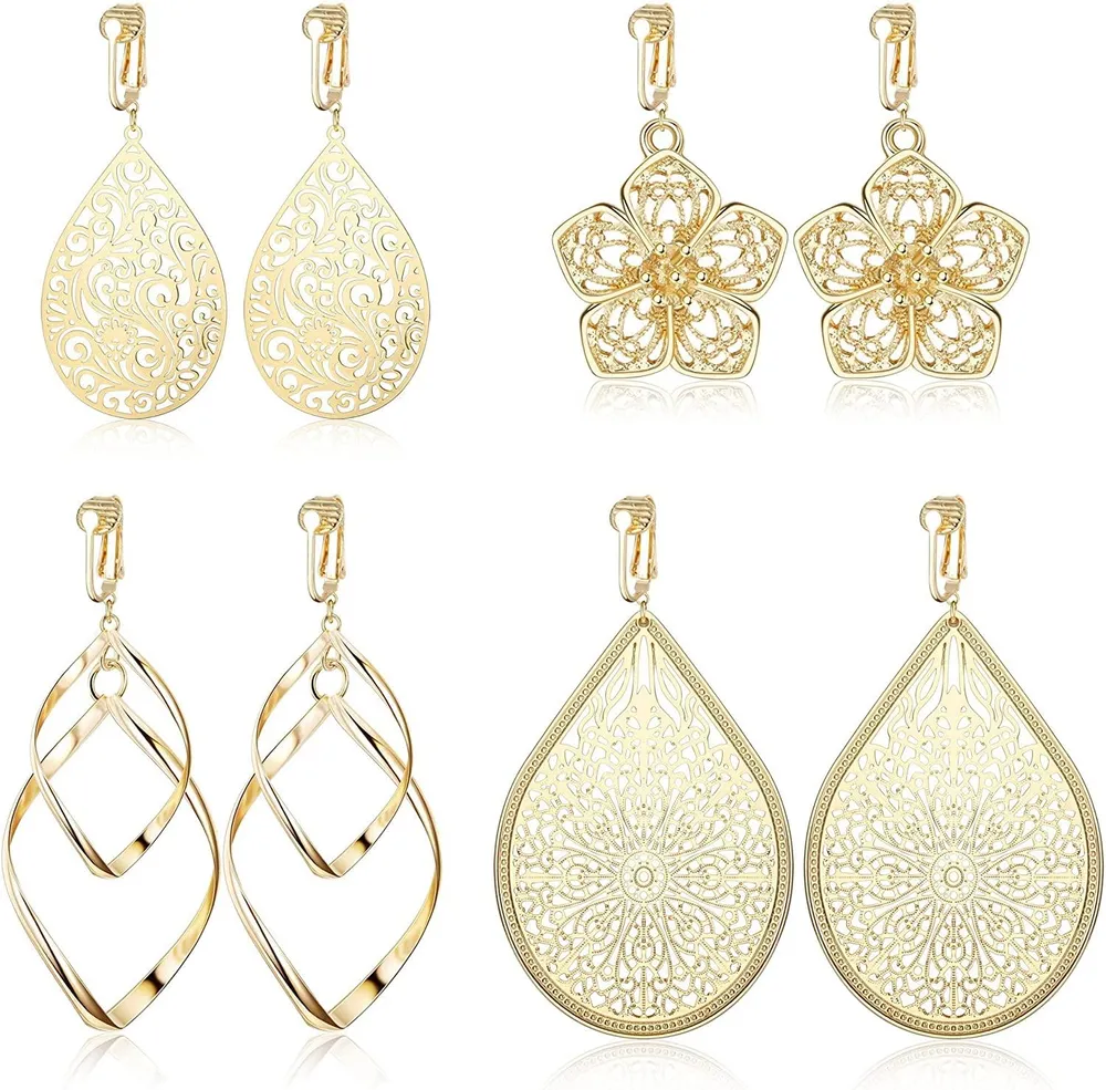 4 Pairs Clip on Drop Earrings for Women Lightweight Hollow Filigree Leaf Clip Earrings Statement Ear Clips Non-Piercing Hanging Earrings - Grocery