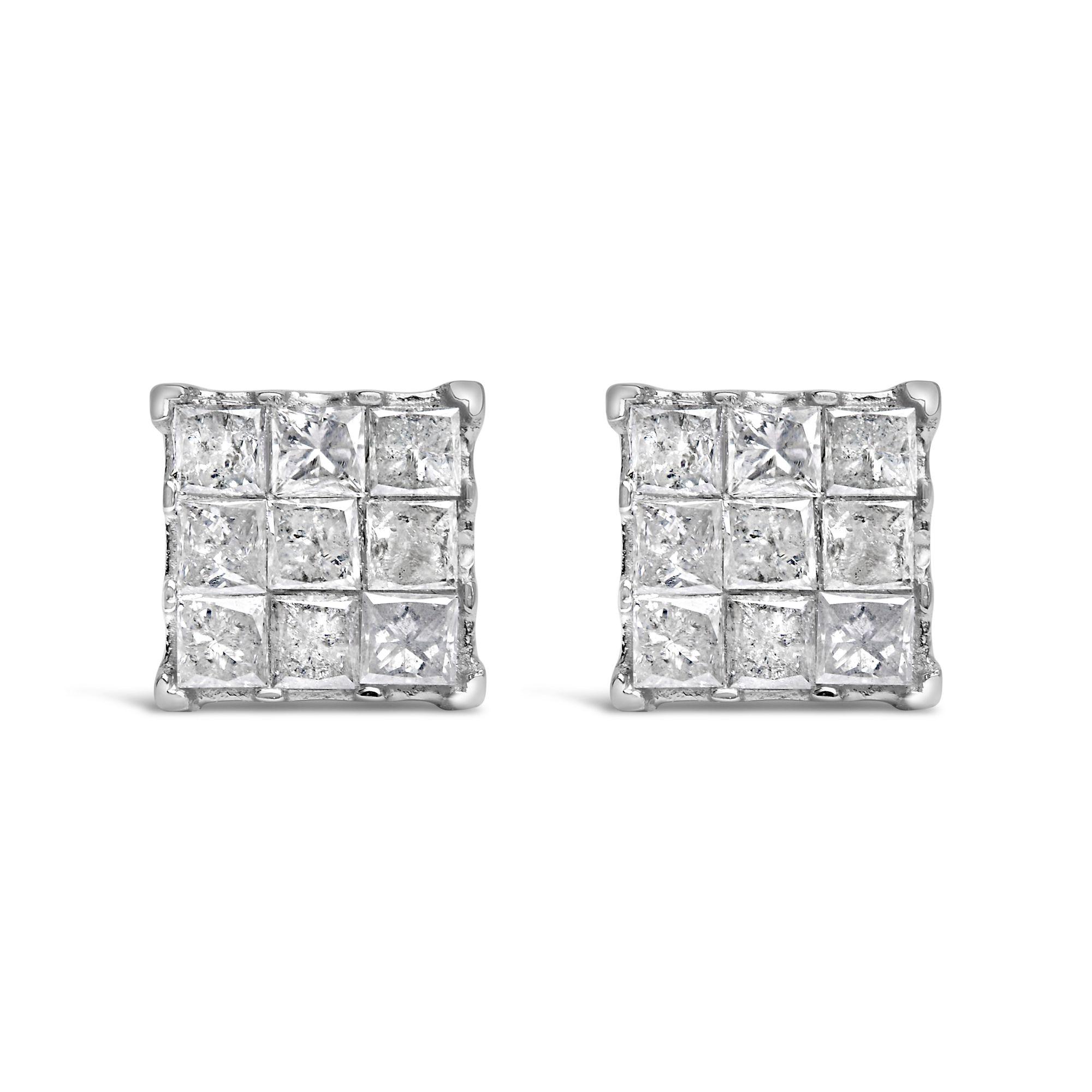 10K White Gold 1/2 Cttw Invisible Princess-cut Diamond 9 Stone Composite Stud Earrings (I-J Color, I3 Clarity) - Grocery