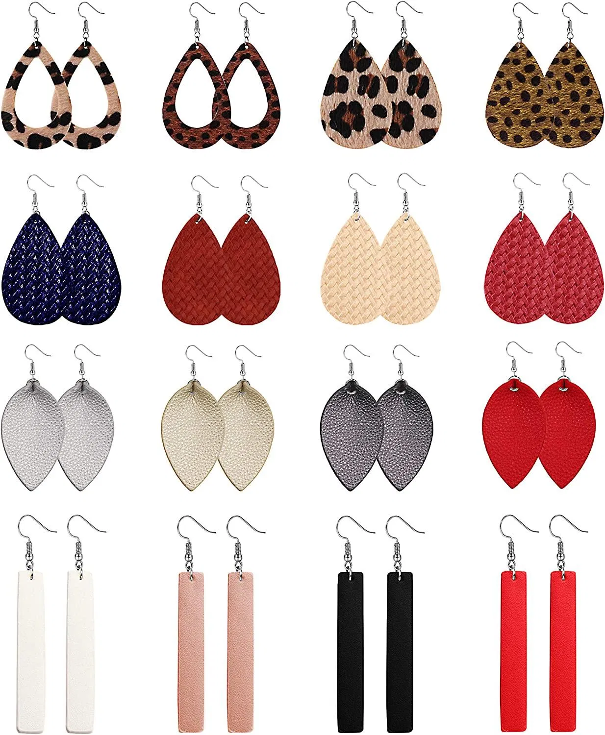 16Pairs Teardrop Leather Earrings for Women Lightweight Glitter Leaf Bar Leopard Dangle Drop Earrings Faux Leather Earring Set - Grocery
