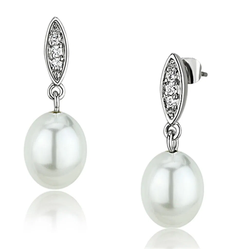 3W378 - Rhodium Brass Earrings with Synthetic Pearl in White - Grocery
