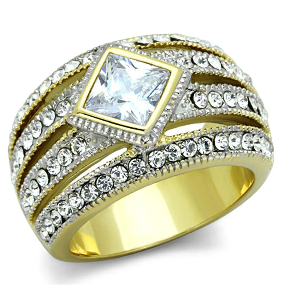 TK1551 - Two-Tone IP Gold (Ion Plating) Stainless Steel Ring with AAA Grade CZ in Clear - Grocery