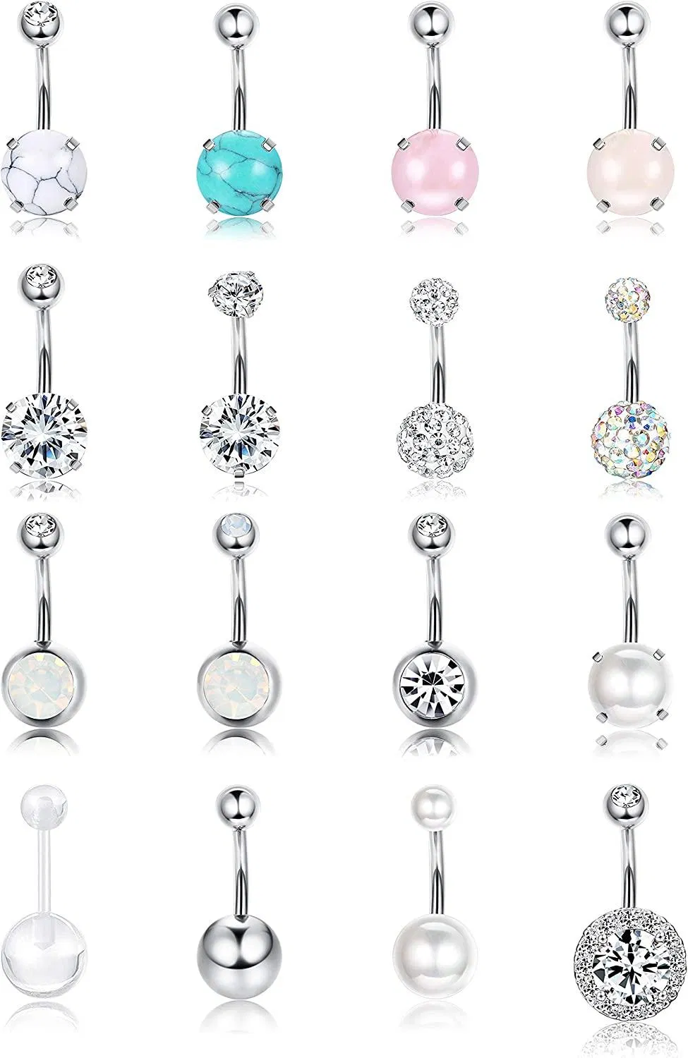 16Pcs Belly Button Rings Surgical Curved Navel Barbell Rings CZ Opal Marble Stone Natutal Mixed Stone Body Piercing Jewelry - Grocery