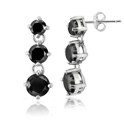 Sterling Silver Black CZ Three Stone Dangle Earrings - Grocery
