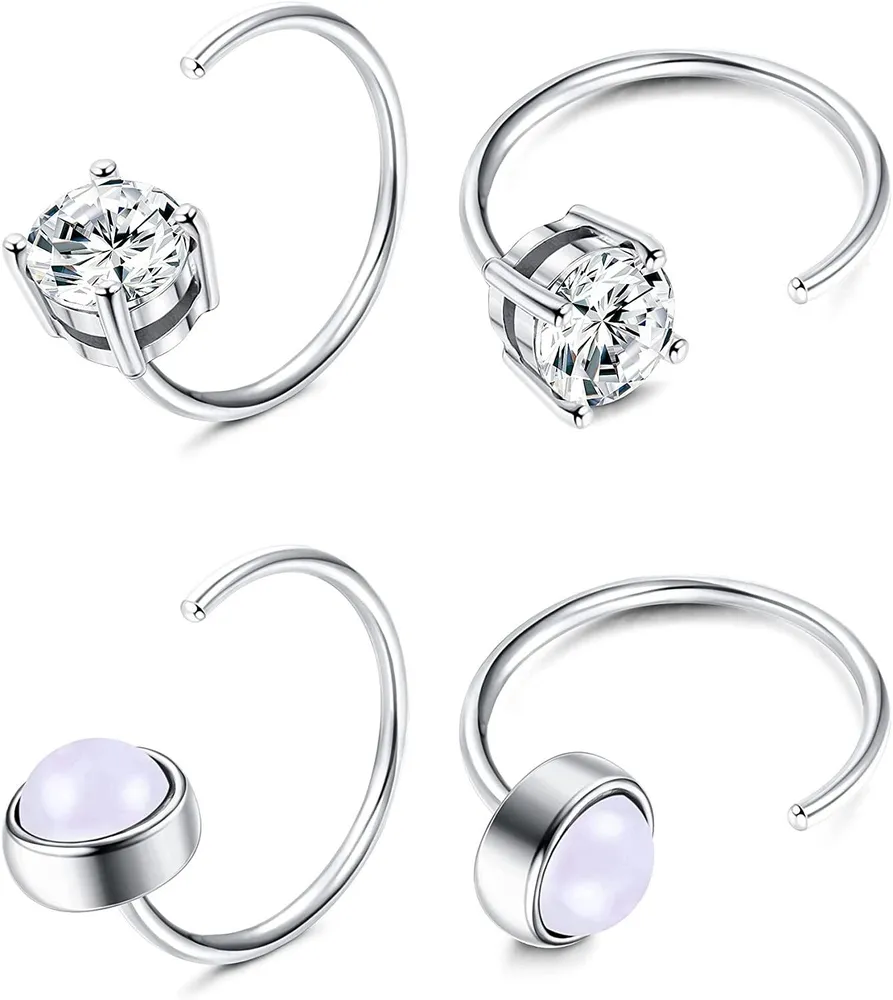 2 Pairs 925 Sterling Silver Half Hoops Earrings Opal Ball Star Dot Small Hoop Earrings Huggie Cartilage Earrings Hug Tiny Hoop Earrings for Women Men - Grocery
