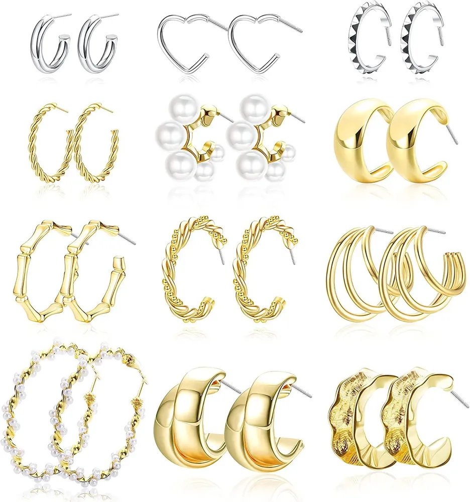12 Pairs Open Hoop Earrings Set for Women Twisted Rope Hoop Pearl Split Huggie Earring Stainless Steel Chunky Hoop Jewelry - Grocery