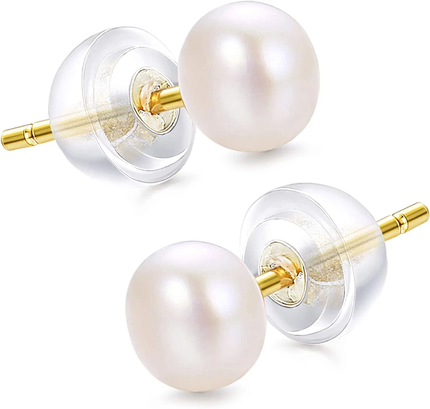 18K Gold Plated Round White Pearl Stud Earrings for Women 925 Sterling Silver Natural Freshwater Pearl Earrings 5MM - Grocery