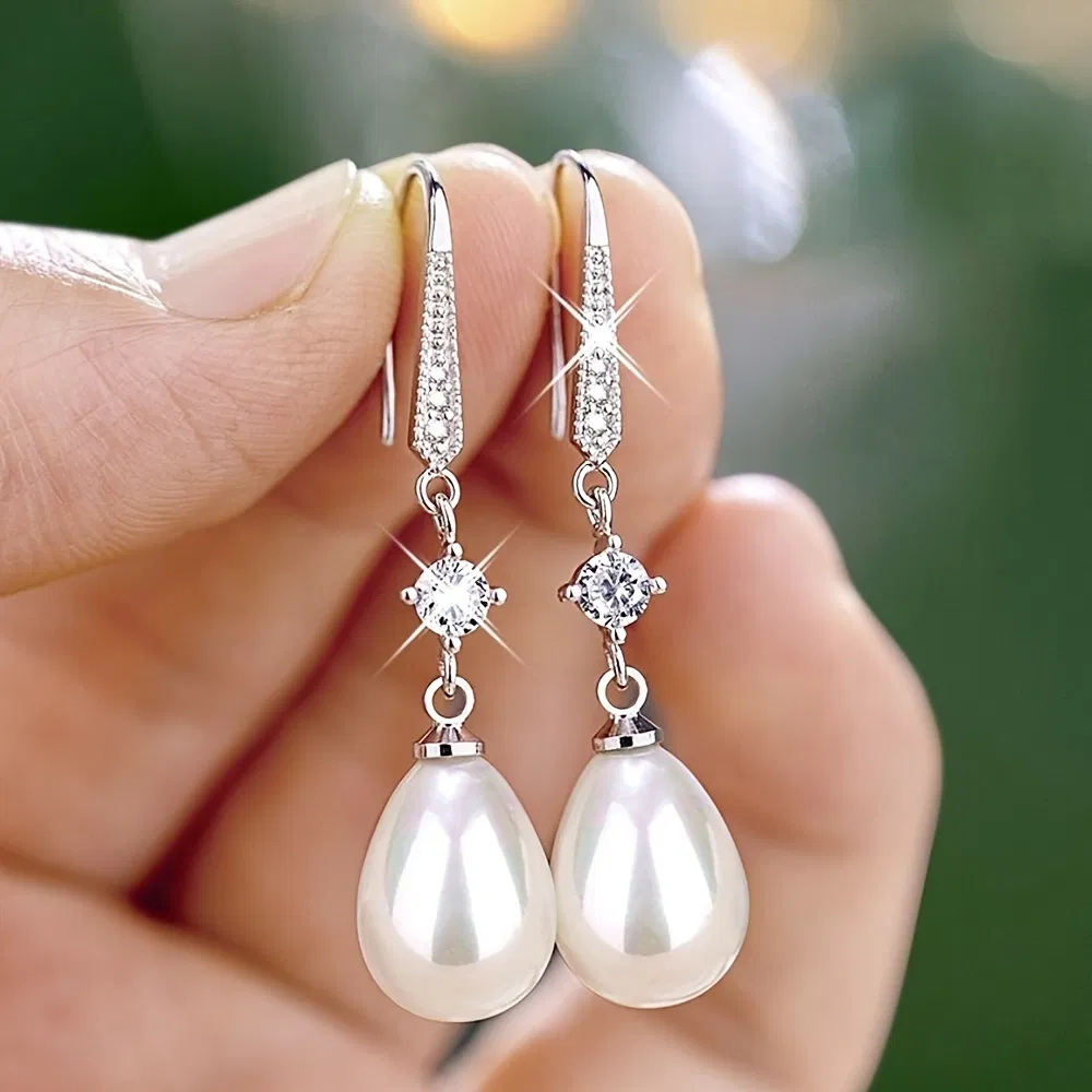 Hot Sale Water Drop Faux Pearl Zircon Earrings Wedding Bridesmaid Earrings Women's Fine Jewelry - Grocery