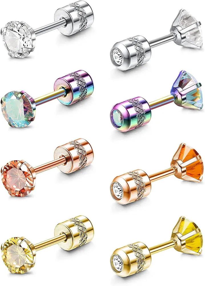 4Pairs 20G Stainless Stud Earrings Double Round Cubic Zirconia Tiny Cartilage Earring Studs Screw Back Piercing Set for Women Men 2-8mm - Grocery