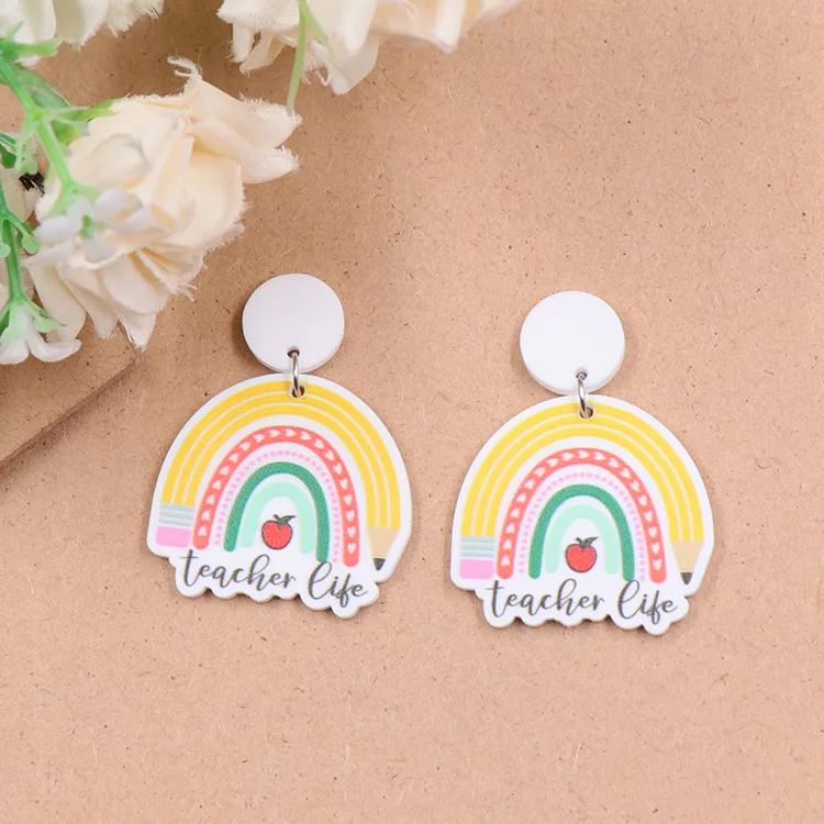 Pencil Rainbow UV Printing Acrylic Female Earrings - Grocery