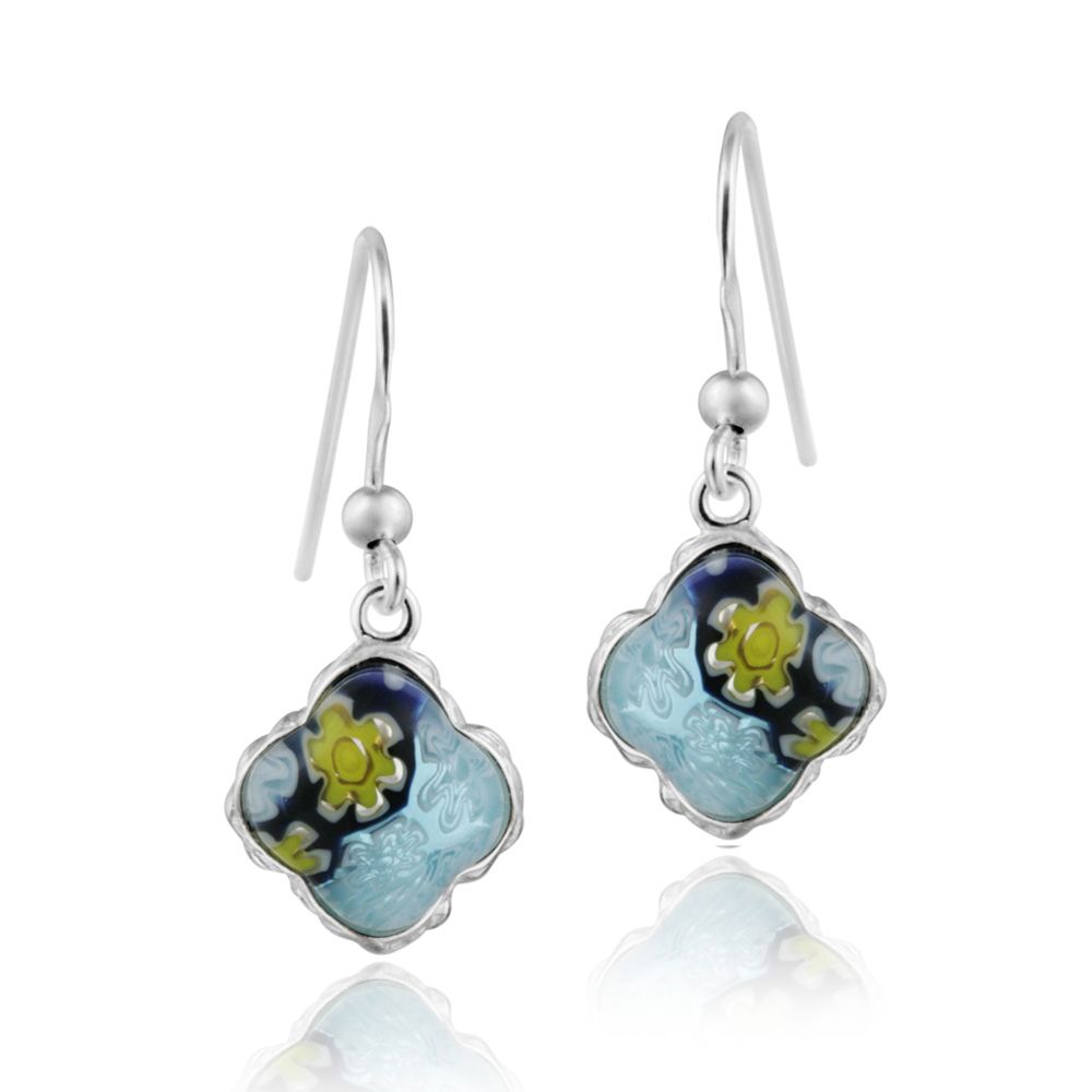 Sterling Silver Blue Millefoiri Glass Clover Dangle Earrings - Grocery