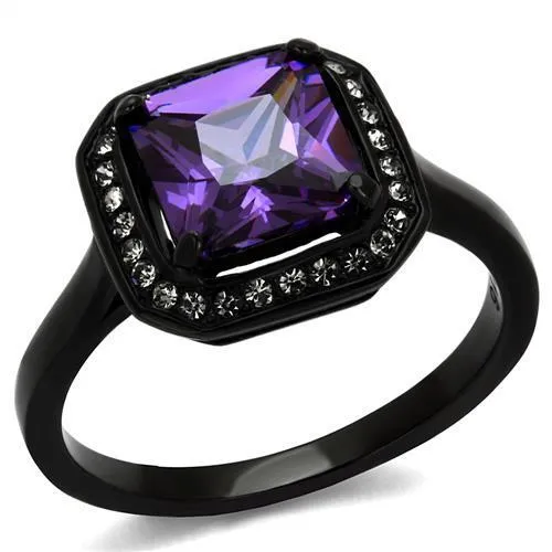 TK2487 - IP Black(Ion Plating) Stainless Steel Ring with AAA Grade CZ in Amethyst - Grocery