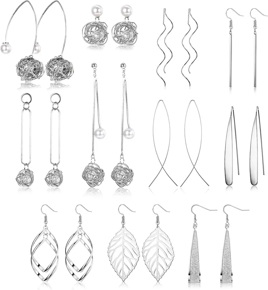 11Pairs Drop Dangle Earring Curved Threader Dangle Earrings Double Twist Wave Long Bar Leaf pearl Earrings Set for Women Gift - Grocery