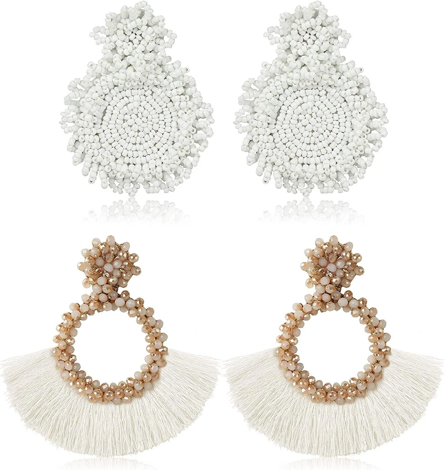 2 Pairs Statement Beaded Earring for Women Tassel Dangle Earring Round Drop Earrings Bohemian Handmade - Grocery