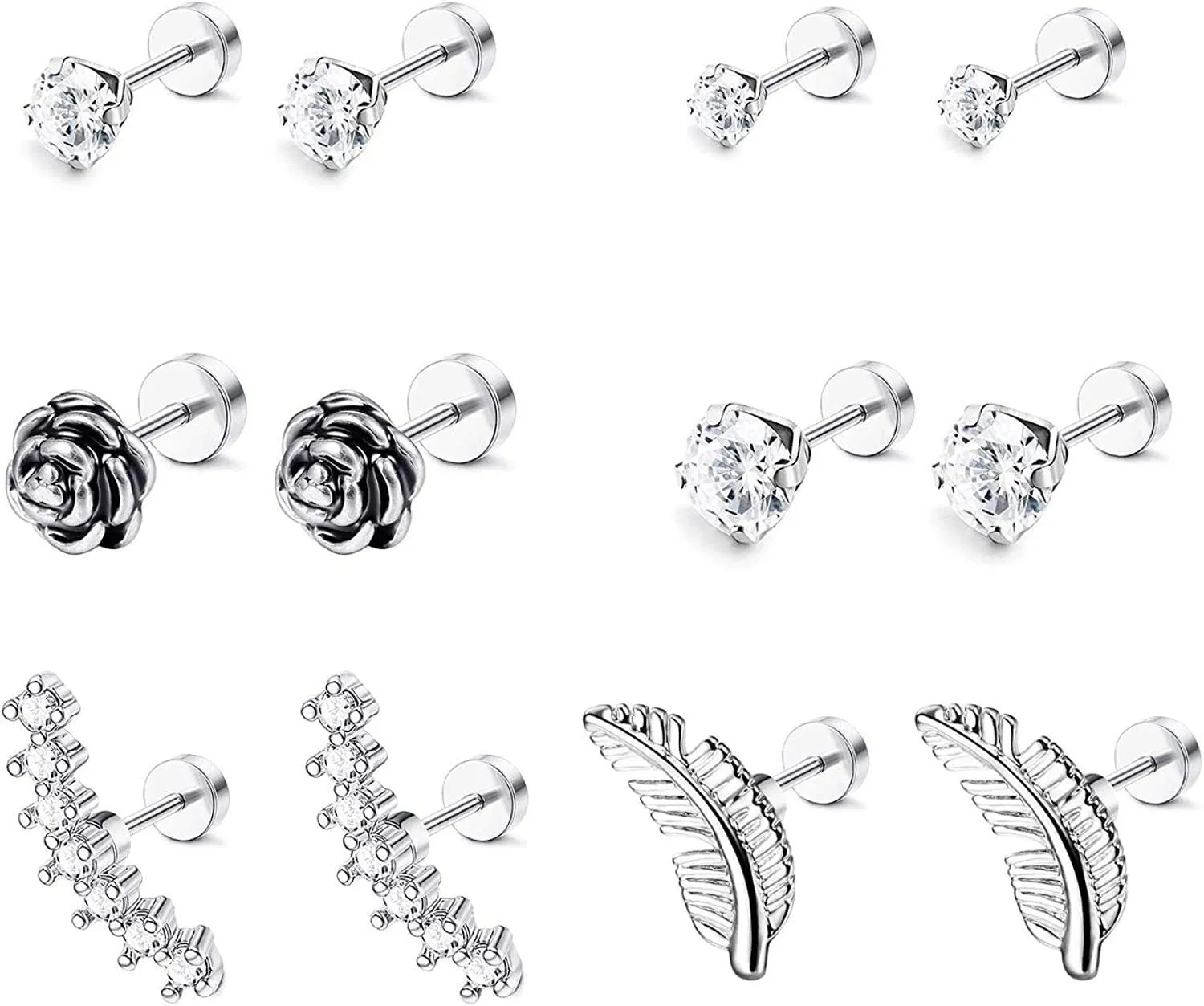 8 Pairs 16G Stainless Flower Feather Cartilage Cubic Zirconia Inlaid Helix Hoop Stud Earrings Tragus Piercing for Men Women - Grocery