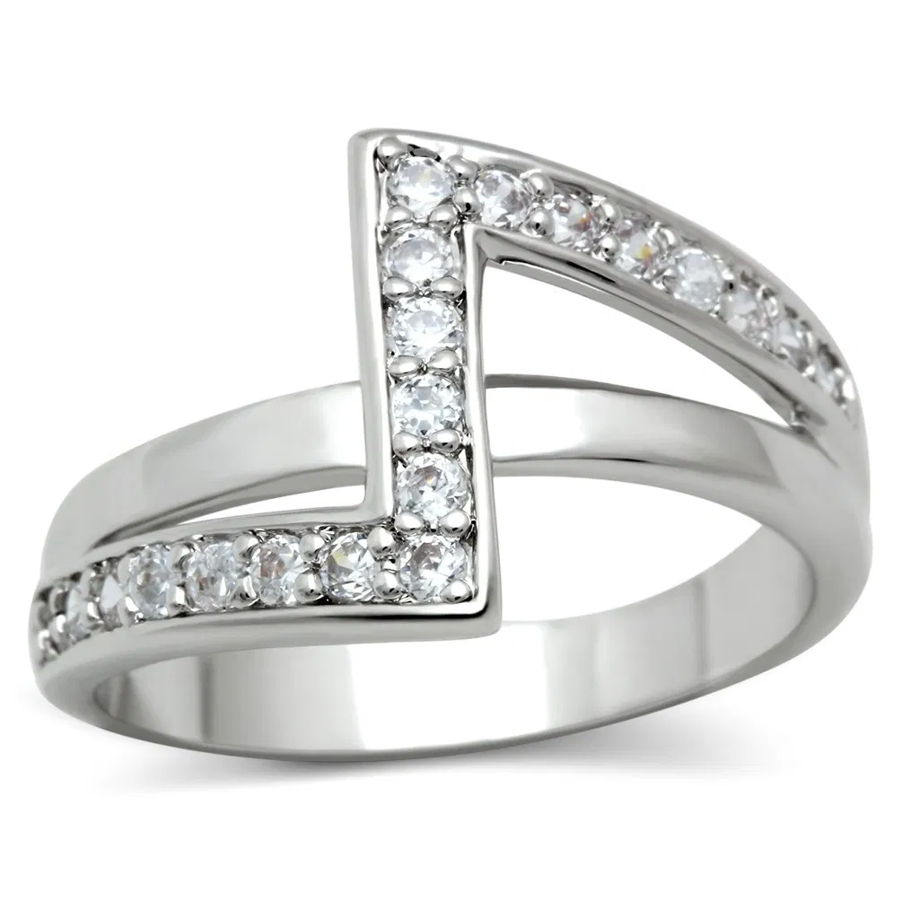 3W127 - Rhodium Brass Ring with AAA Grade CZ in Clear - Grocery