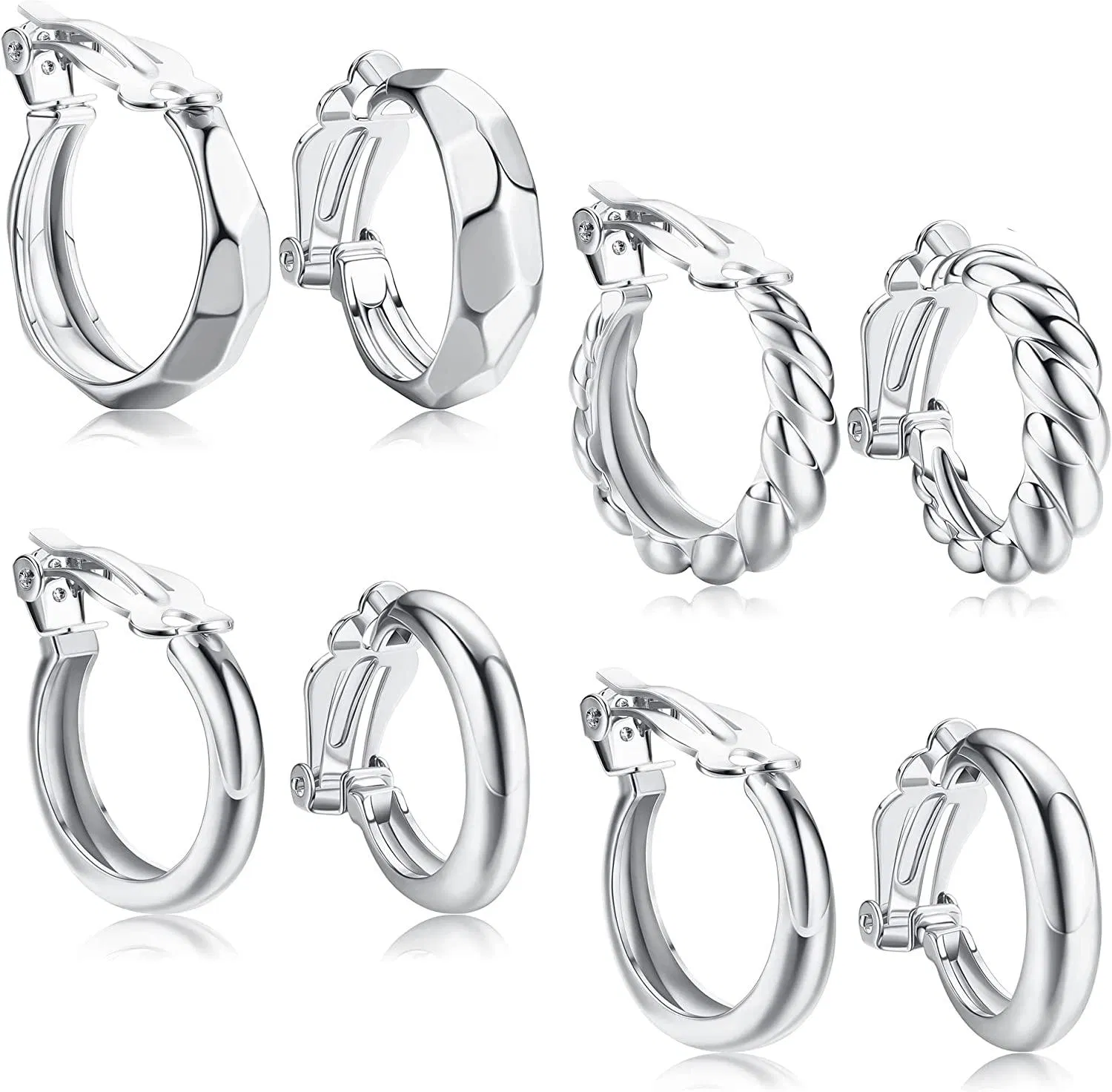 4 Pairs Clip On Hoop Earrings For Women Chunky Round Geometric Croissant Fake Earrings No Pierce Earrings - Grocery