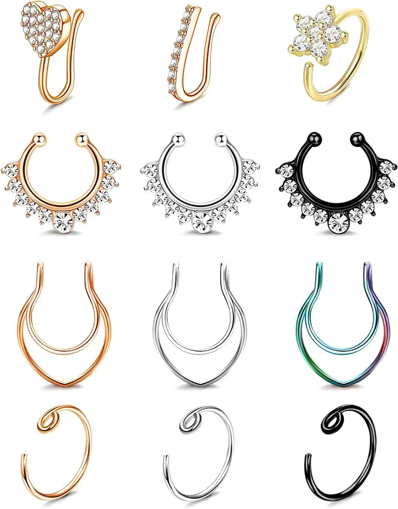 16/20G Fake Nose Ring Hoop for Women Men Stainless Clip on Faux Lip Ear Nose Septum Rings CZ Inlaid Nose Cuff Non Piercing Jewelry 12 Pcs - Grocery
